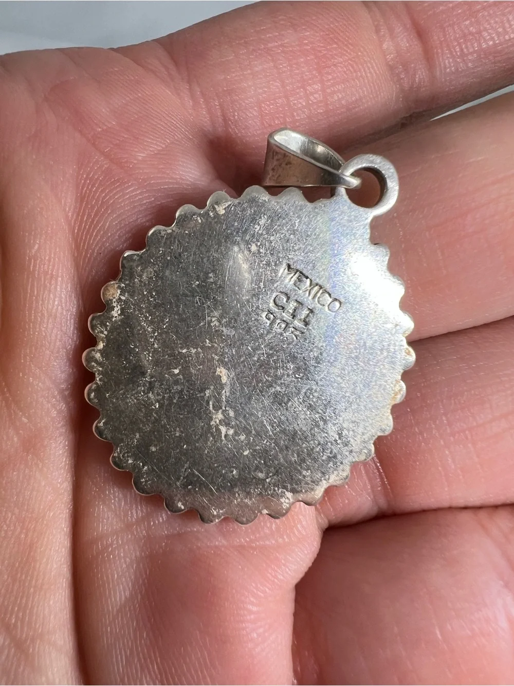 Vintage CII Mexico Sterling Silver 925 Flower Concho Style Oval Disc Pendant